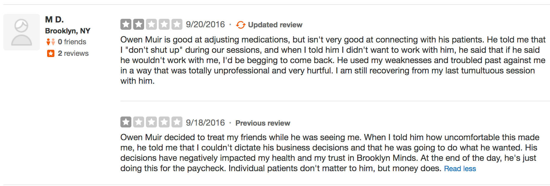 PictureMona Daniella's Negative YELP review of Dr. Owen Muir, from Brooklyn Minds